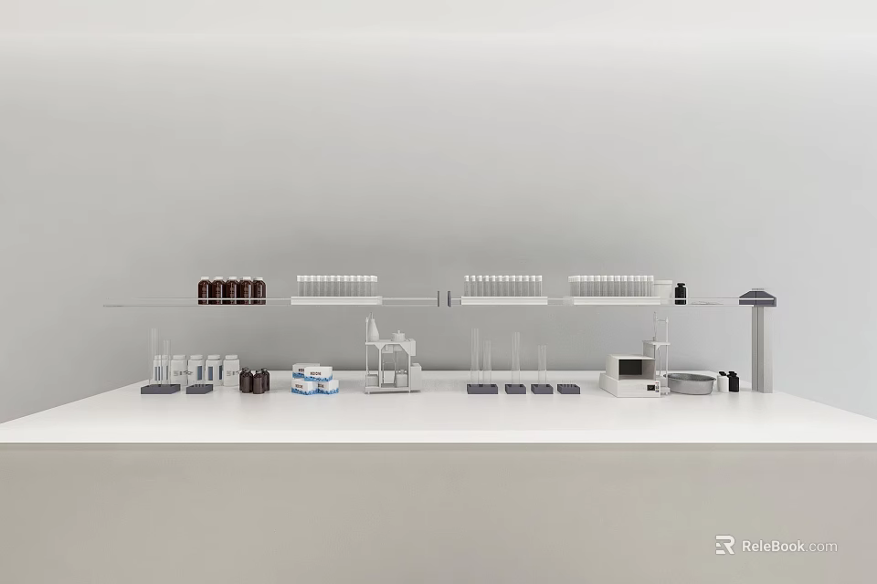 Industrial Laboratory Equipment On White Workbench With Test Tube Racks Beakers And Instruments 3d model 
