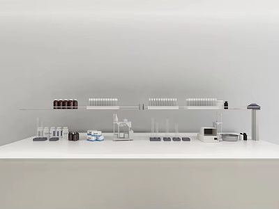 Industrial Laboratory Equipment On White Workbench With Test Tube Racks Beakers And Instruments 3d model