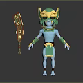 3D Blue Mythical Warrior Character With Golden Green Helmet And Red Gold Ornamental Weapon