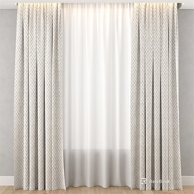 Modern Window Curtains With Patterned Panels And Sheer White Liner For Home Decor 3d model 