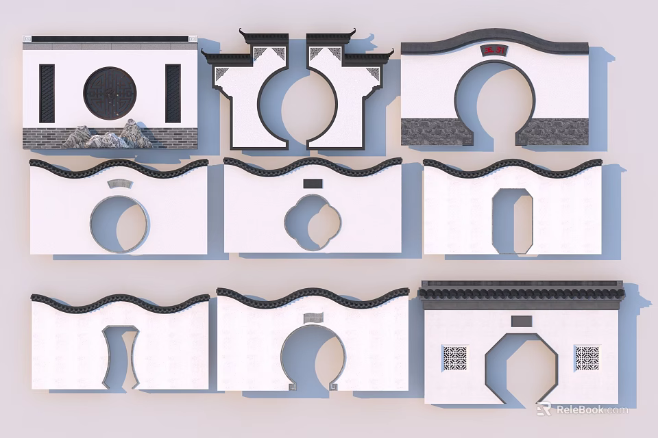 Traditional Chinese Architectural Doorway Designs Featuring Various Shapes And Decorative Elements 3d model 