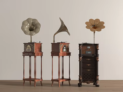 Vintage Gramophones With Horn Speakers On Wooden Stands And Ornate Details 3d model