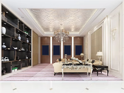 Elegant Luxury Store Interior With Display Shelves Chandelier And Sofa Area 3d model