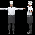 Men In Chef Uniforms With Hats Stretching Arms Front And Side Views