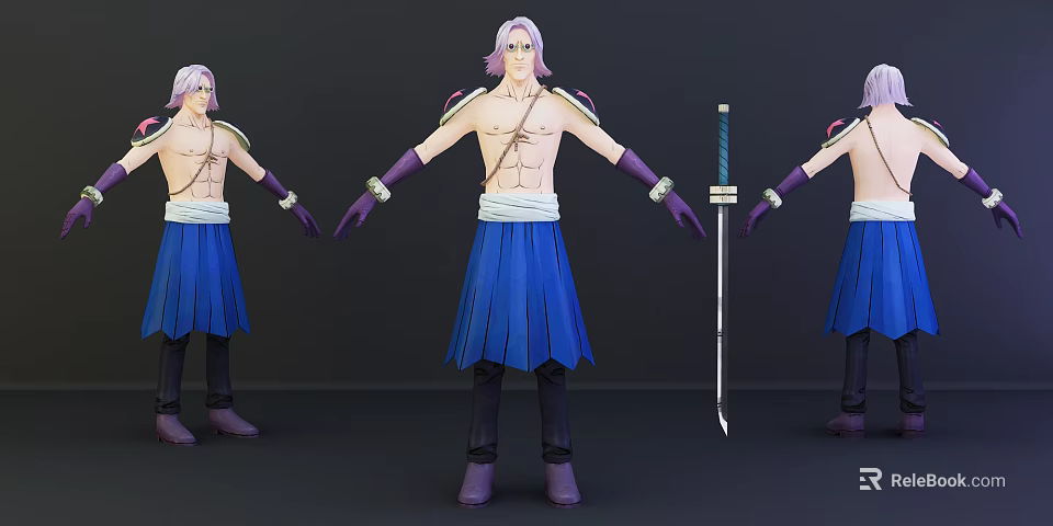 Shirtless Anime Game Character with Pink Hair Blue Skirt Purple Gloves and Katana 3d model 