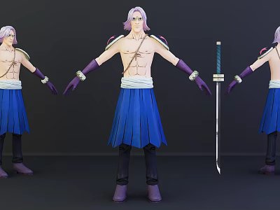 Shirtless Anime Game Character with Pink Hair Blue Skirt Purple Gloves and Katana 3d model