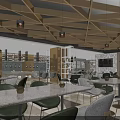 Contemporary Restaurant Interior Featuring Wooden Ceiling Pendant Lights Marble Tables Green And Gray Chairs