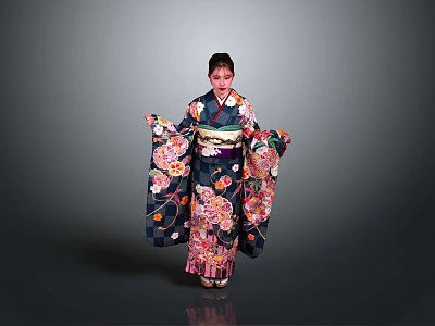 Woman in Traditional Kimono with Floral Patterns against Gray Background 3d model