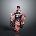 Woman in Traditional Kimono with Floral Patterns against Gray Background