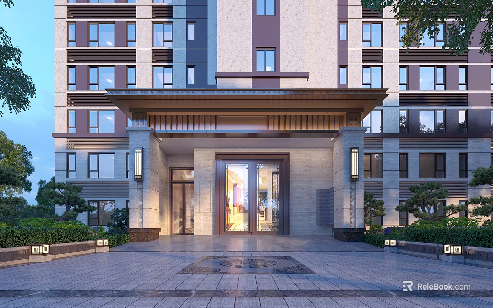 Modern High Rise Building Facade With Light Colored Stone Windows Entrance Porch And Outdoor Lights 3d model 