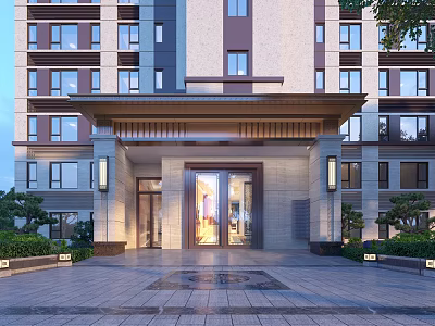 Modern High Rise Building Facade With Light Colored Stone Windows Entrance Porch And Outdoor Lights 3d model