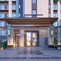 Modern High Rise Building Facade With Light Colored Stone Windows Entrance Porch And Outdoor Lights