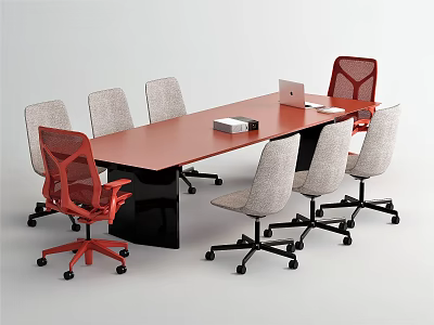 Modern Office Conference Table With Red And Gray Ergonomic Chairs Laptop And Documents 3d model