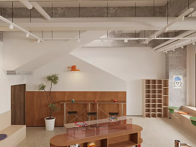 Industrial Interior Space With Wood Wall Plants Curved Table And Shelves 3d model