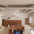 Industrial Interior Space With Wood Wall Plants Curved Table And Shelves