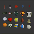 Sports Equipment Collection Including Various Balls Rackets Dumbbells Trophy And Bowling Pin