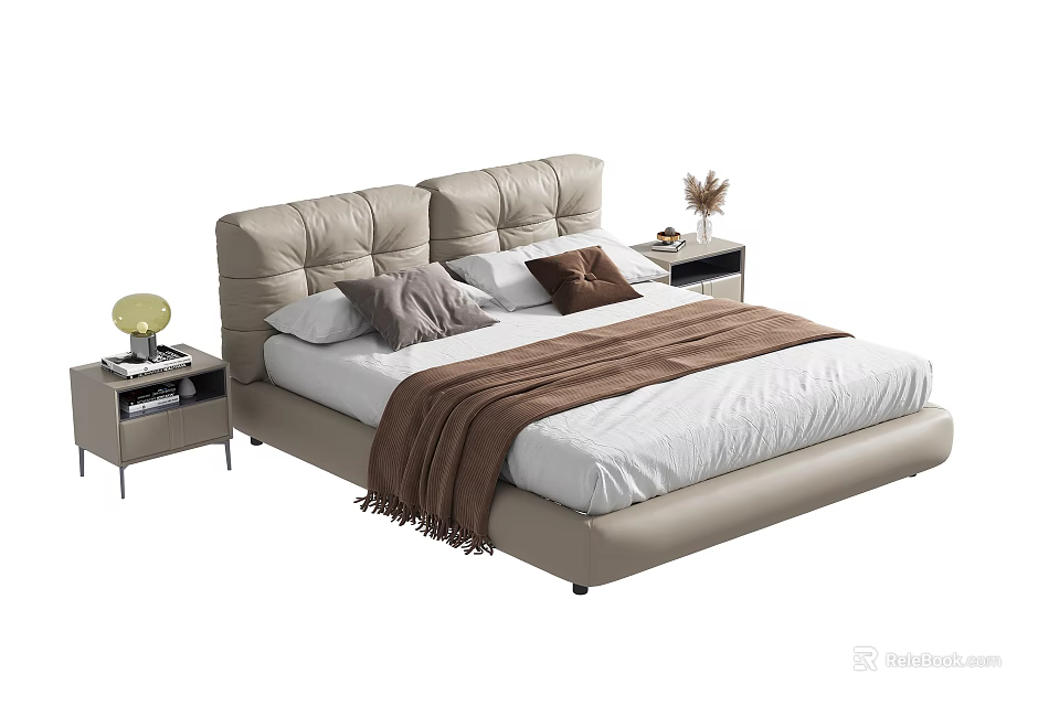 Modern Double Bed With Upholstered Headboard White Sheets Brown Throw Pillows Nightstands Yellow Lamp Flowers 3d model 