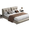 Modern Double Bed With Upholstered Headboard White Sheets Brown Throw Pillows Nightstands Yellow Lamp Flowers