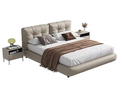Modern Double Bed With Upholstered Headboard White Sheets Brown Throw Pillows Nightstands Yellow Lamp Flowers 3d model