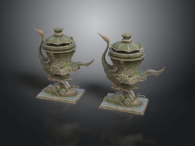 Pair of Bronze Crane Shaped Sculptures with Decorative Lids and Square Bases 3d model