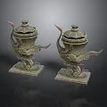 Pair of Bronze Crane Shaped Sculptures with Decorative Lids and Square Bases