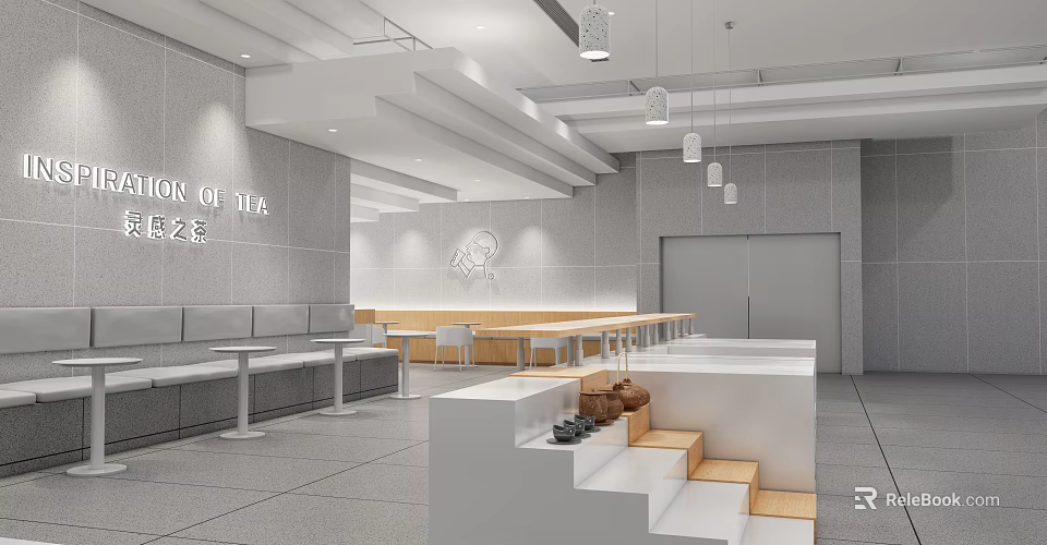 Modern Tea Restaurant Interior With Gray Walls White Counter Long Tables And Hanging Lights 3d model 