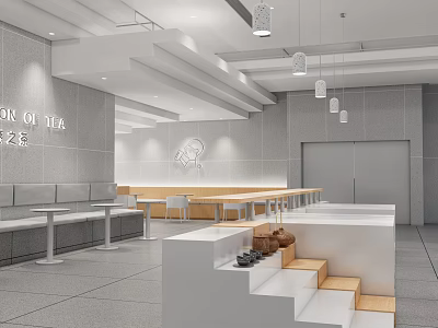 Modern Tea Restaurant Interior With Gray Walls White Counter Long Tables And Hanging Lights 3d model