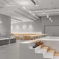 Modern Tea Restaurant Interior With Gray Walls White Counter Long Tables And Hanging Lights