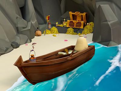Wooden Boat Near Cave On Sandy Beach With Treasure Chest And Lantern 3d model