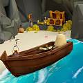 Wooden Boat Near Cave On Sandy Beach With Treasure Chest And Lantern