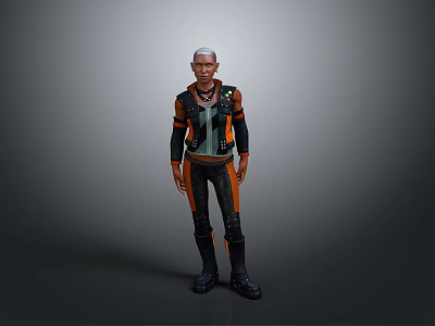 Futuristic Character With Short Hair In Orange And Black Outfit Standing Against Gray Background 3d model