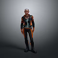 Futuristic Character With Short Hair In Orange And Black Outfit Standing Against Gray Background
