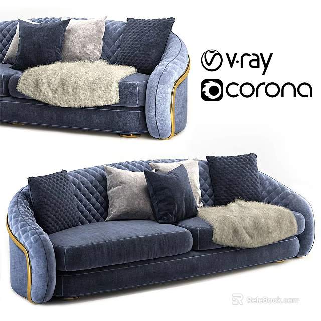 Navy Blue Sofa With Quilted Stitching Throw Pillows And Fur Throw 3d model 
