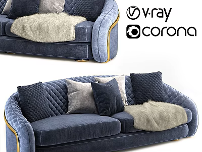 Navy Blue Sofa With Quilted Stitching Throw Pillows And Fur Throw 3d model