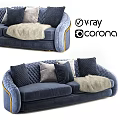 Navy Blue Sofa With Quilted Stitching Throw Pillows And Fur Throw 3d model