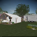 Scenic Garden Landscape With Tented Structure Camper Van Green Lawn Trees And Flower Beds