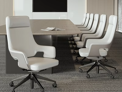Modern Meeting Room Interior With Large Wooden Meeting Table White Leather Chairs And Papers 3d model