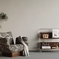 Cozy Modern Interior With Patterned Armchair Blanket Metal Cart Radio Books And Potted Plant