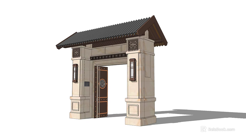 Traditional Chinese Entrance Gate With Black Tiled Roof And Stone Pillars 3d model 