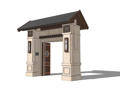 Traditional Chinese Entrance Gate With Black Tiled Roof And Stone Pillars 3d model
