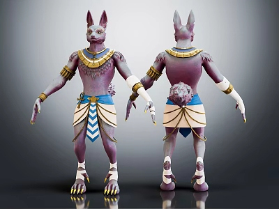 Mythical Jackal Headed Character 3D Model Purple Body Golden Decorations Blue Sash Front Back Views 3d model