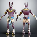 Mythical Jackal Headed Character 3D Model Purple Body Golden Decorations Blue Sash Front Back Views
