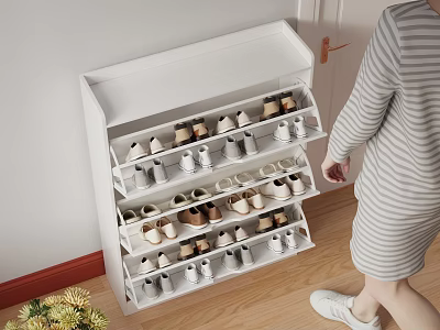 White Multiple Shelves Shoe Cabinet Storing Various Shoes On Wooden Floor With Person Approaching 3d model