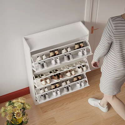 White Multiple Shelves Shoe Cabinet Storing Various Shoes On Wooden Floor With Person Approaching 3d model