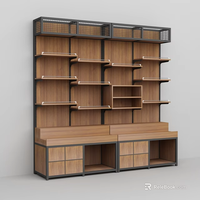 Modern Shelving Unit With Wooden Shelves Metal Frame And Bottom Storage Drawers 3d model 