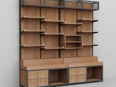 Modern Shelving Unit With Wooden Shelves Metal Frame And Bottom Storage Drawers 3d model