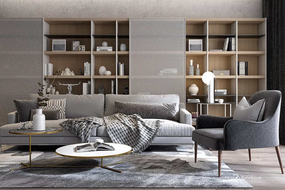 Modern Sofa And Coffee Table Set With Grey Upholstery Wooden Bookshelf And Accent Chair 3d model 