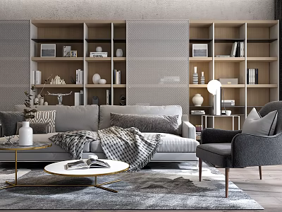 Modern Sofa And Coffee Table Set With Grey Upholstery Wooden Bookshelf And Accent Chair 3d model
