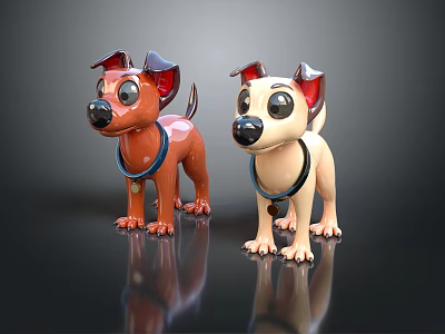 Cute Plush Dog Dolls Brown And White With Red Ears Collars On Shiny Surface 3d model