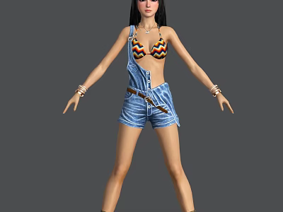 Woman in striped bikini top and denim overalls shorts with belt and bracelets 3d model